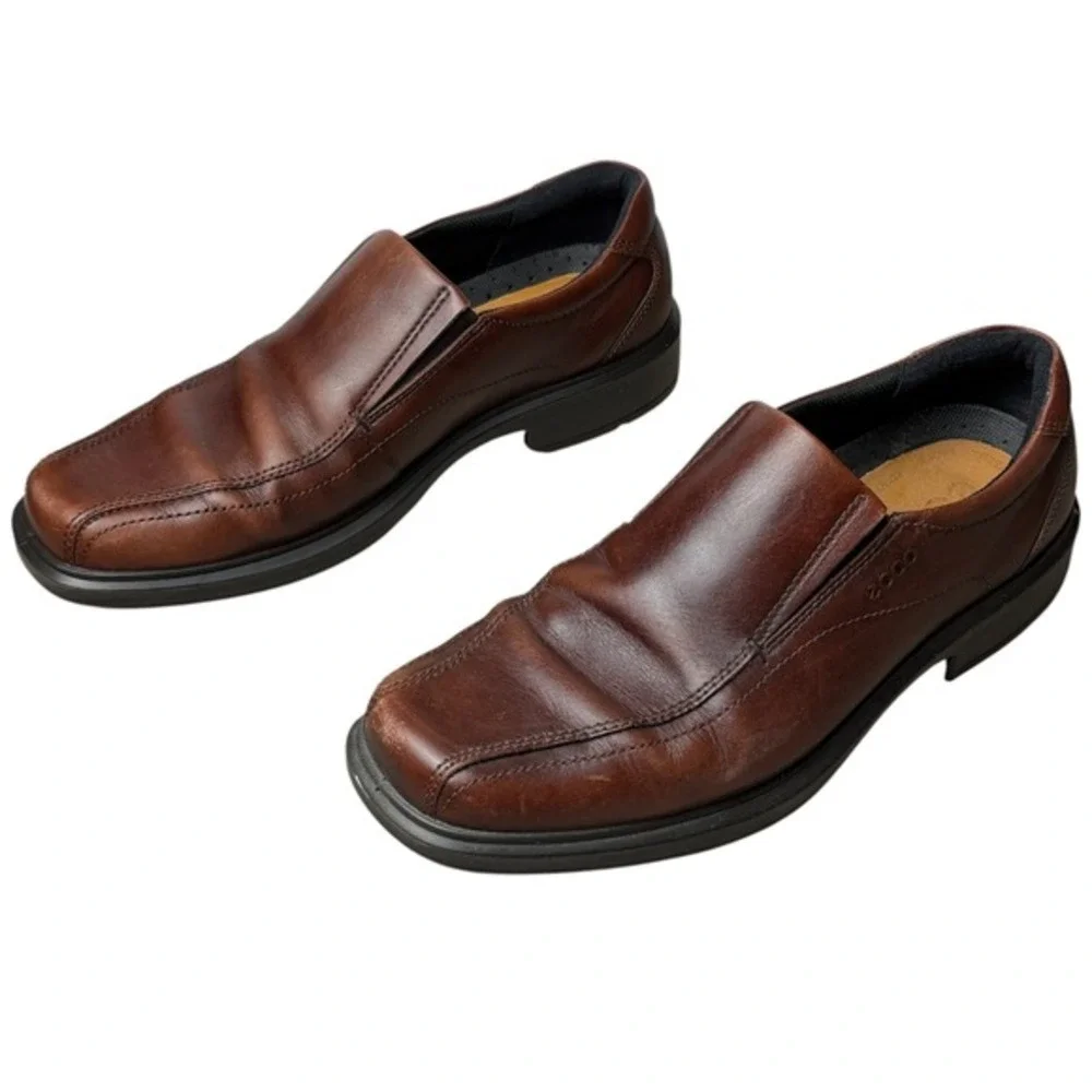 Ecco Mens EU 45 US 11-11.5 Helsinki Brown Leather Square Toe Slip On Loafer Shoe